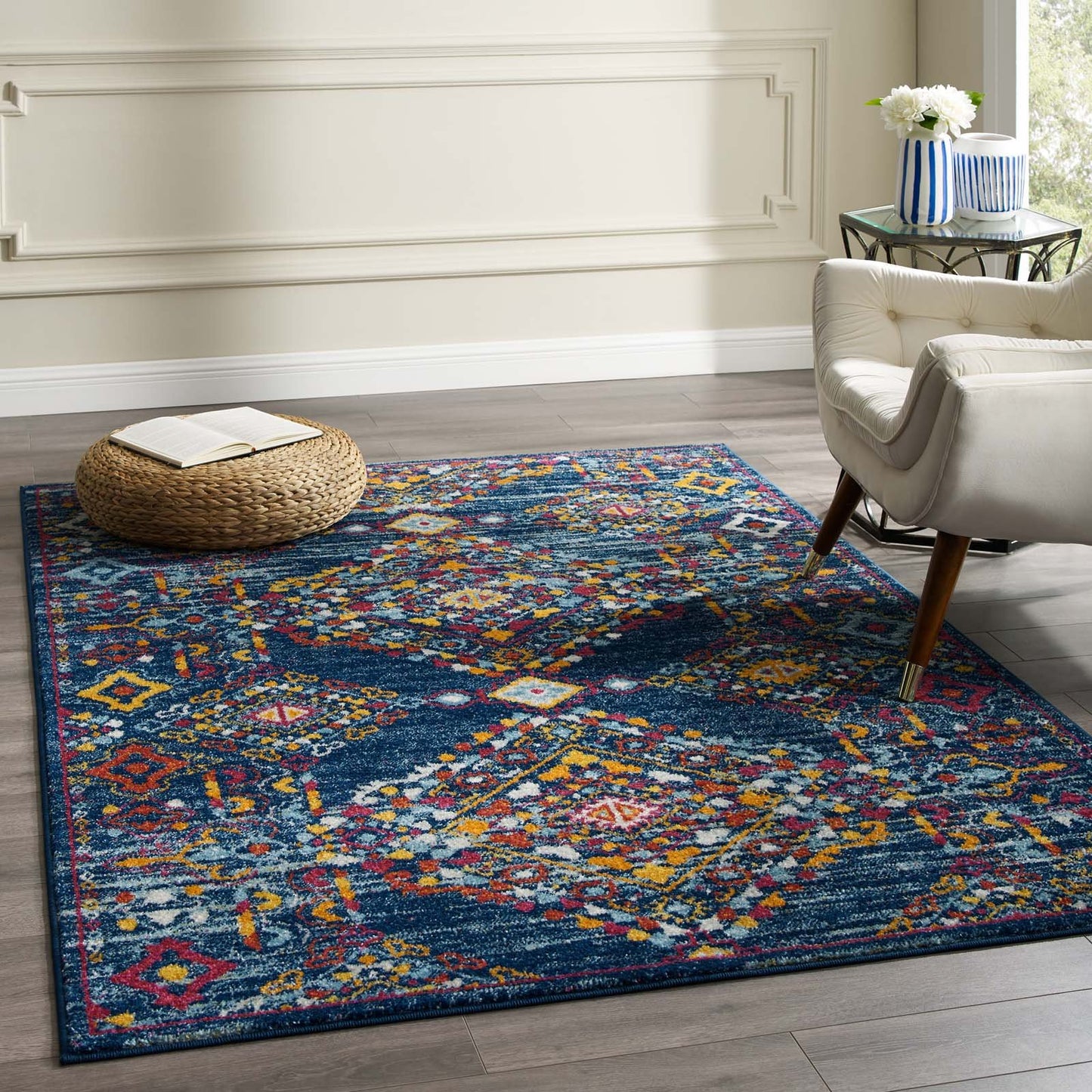 Modway Entourage Khalida Distressed Vintage Floral Lattice 5x8 Area Rug Blue, Orange, Yellow, Red