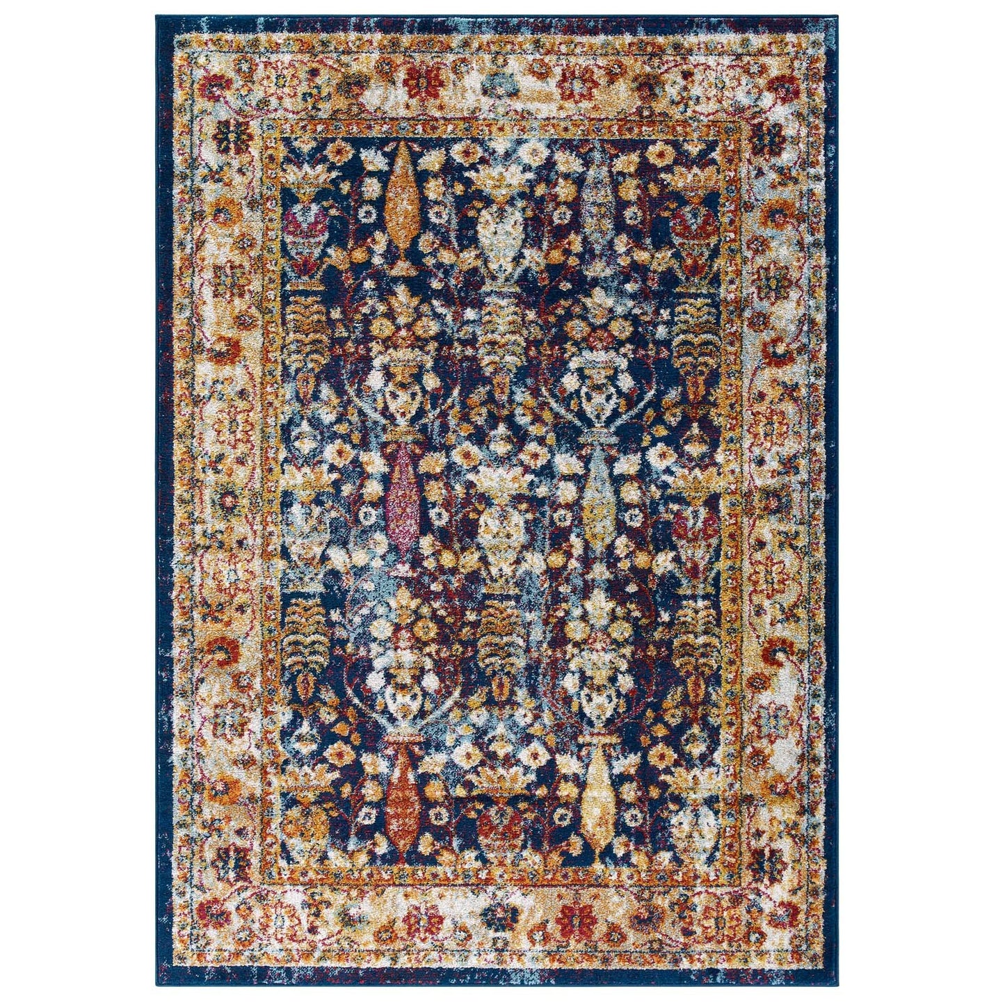 Modway Entourage Jessa Distressed Vintage Floral Lattice 5x8 Area Rug Blue, Orange, Yellow, Red