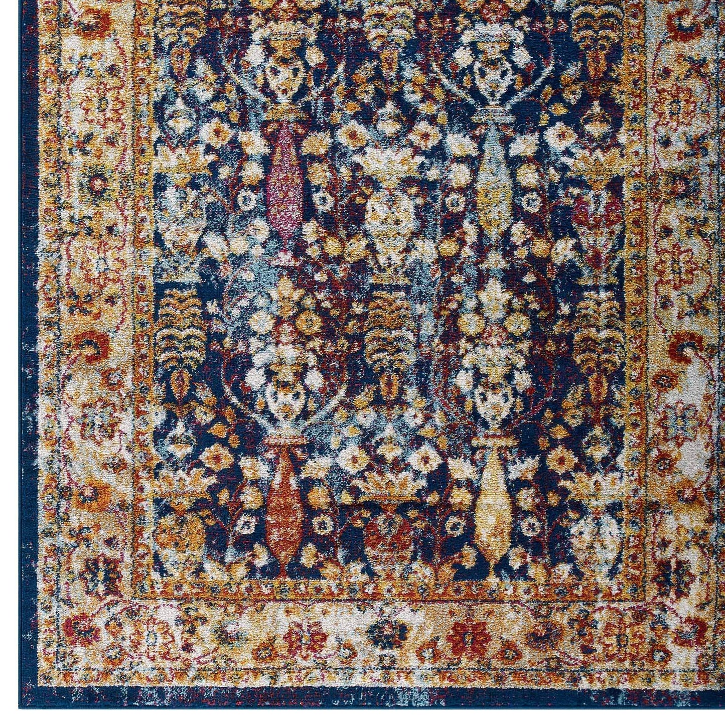 Modway Entourage Jessa Distressed Vintage Floral Lattice 5x8 Area Rug Blue, Orange, Yellow, Red
