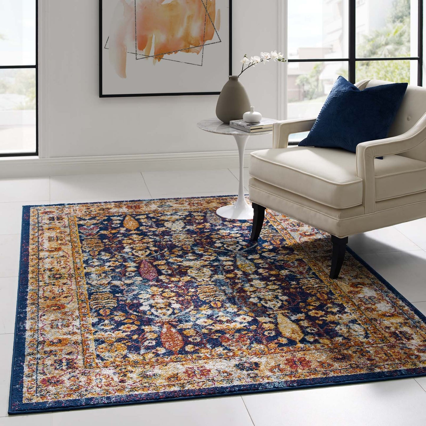 Modway Entourage Jessa Distressed Vintage Floral Lattice 5x8 Area Rug Blue, Orange, Yellow, Red