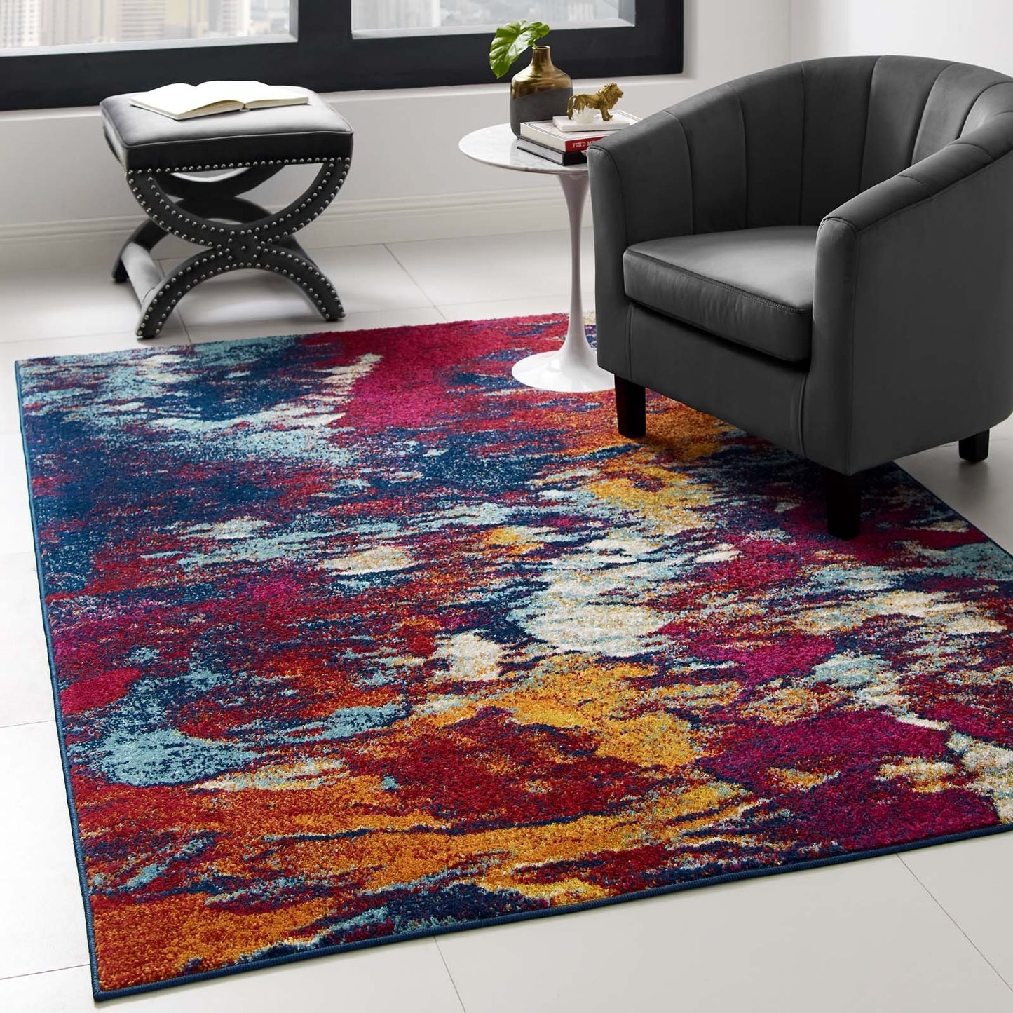 Modway Entourage Foliage Contemporary Modern Abstract 5x8 Area Rug Blue, Orange, Yellow, Red