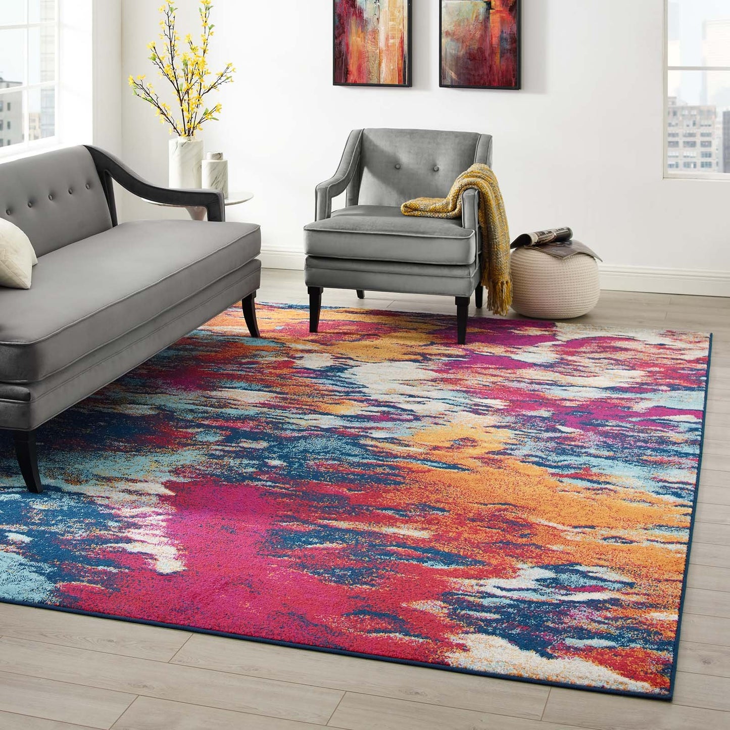 Modway Entourage Foliage Contemporary Modern Abstract 8x10 Area Rug Blue, Orange, Yellow, Red