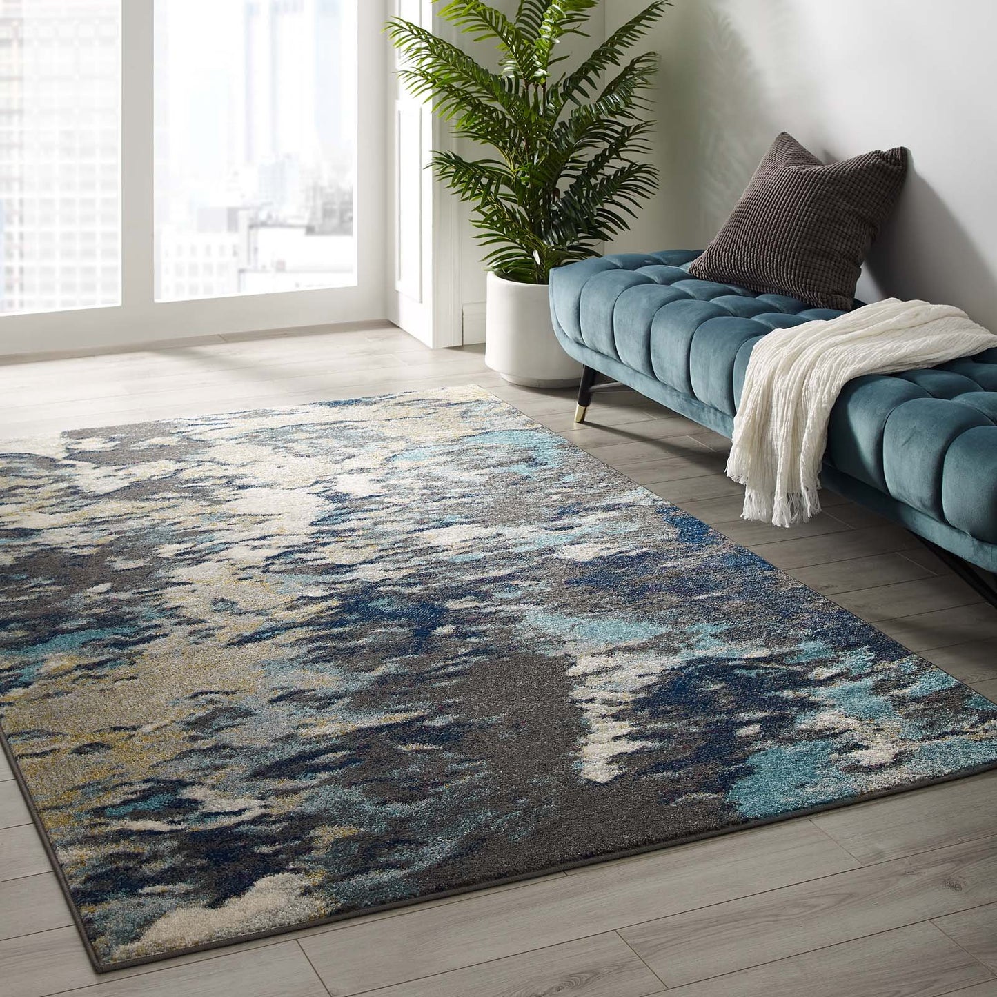 Modway Entourage Foliage Contemporary Modern Abstract 5x8 Area Rug Blue, Tan, Gray