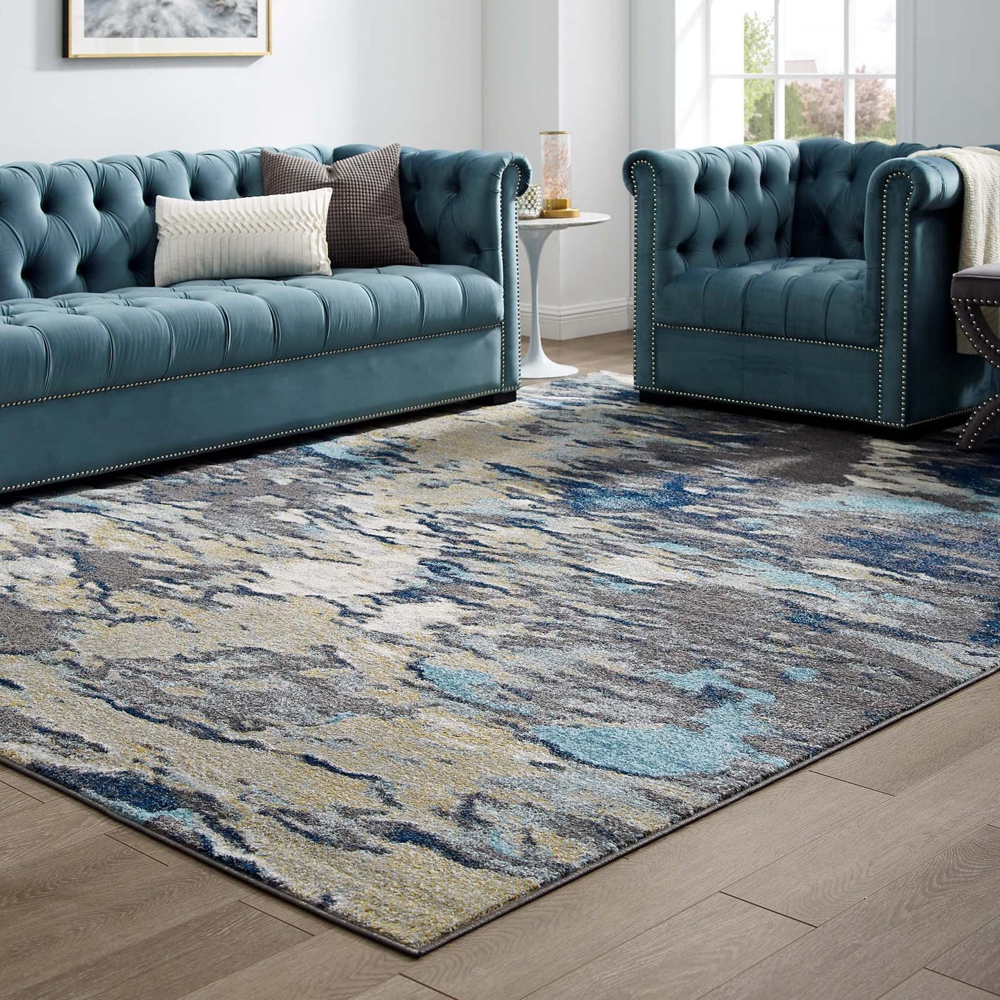 Modway Entourage Foliage Contemporary Modern Abstract 8x10 Area Rug Blue, Tan, Gray