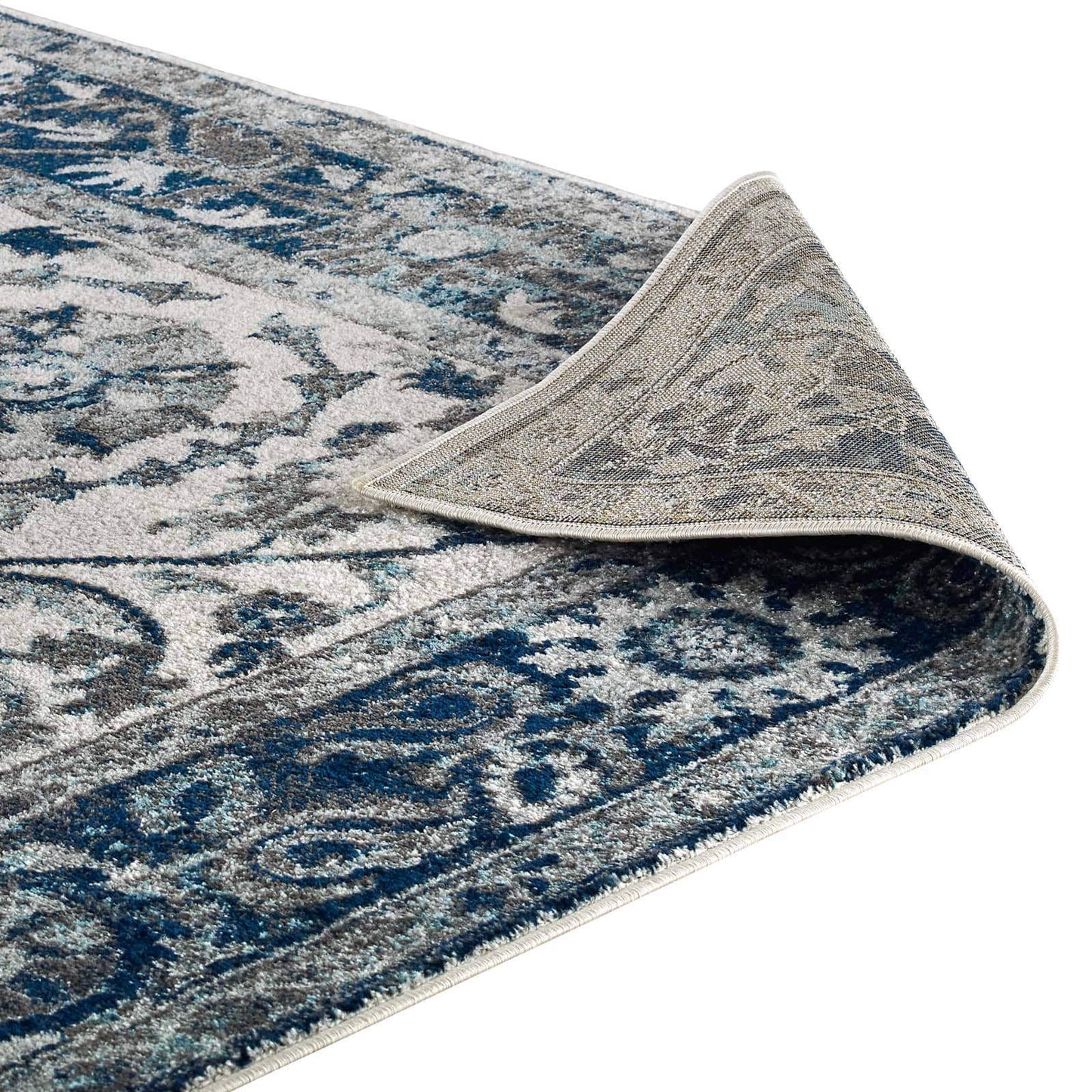 Modway Entourage Samira Distressed Vintage Floral Persian Medallion 5x8 Area Rug Ivory and Blue