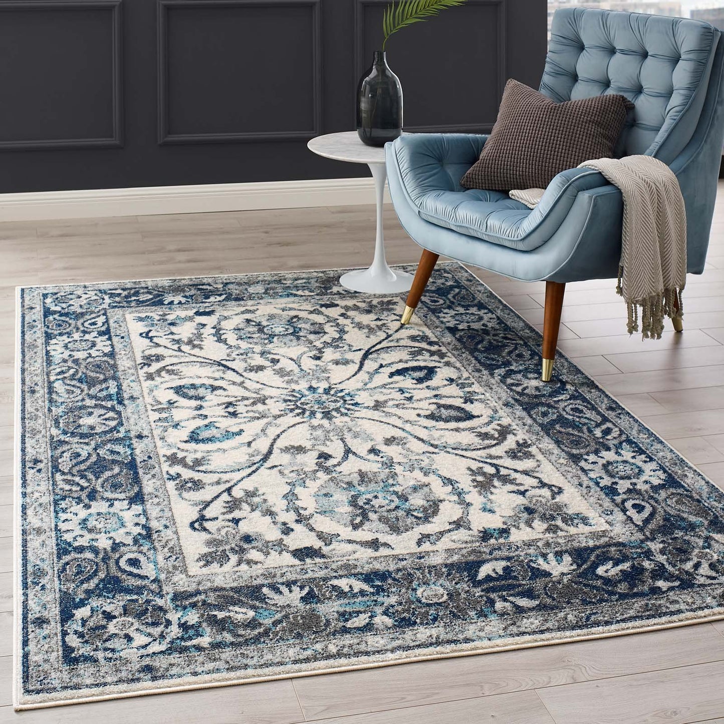 Modway Entourage Samira Distressed Vintage Floral Persian Medallion 5x8 Area Rug Ivory and Blue