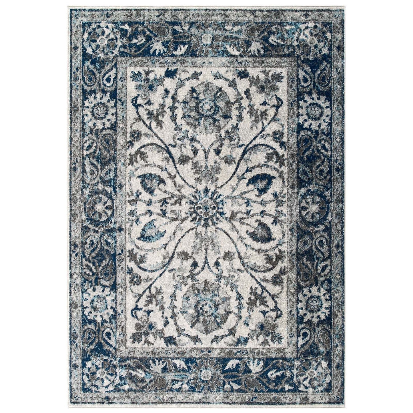 Modway Entourage Samira Distressed Vintage Floral Persian Medallion 8x10 Area Rug Ivory and Blue | Rugs | 