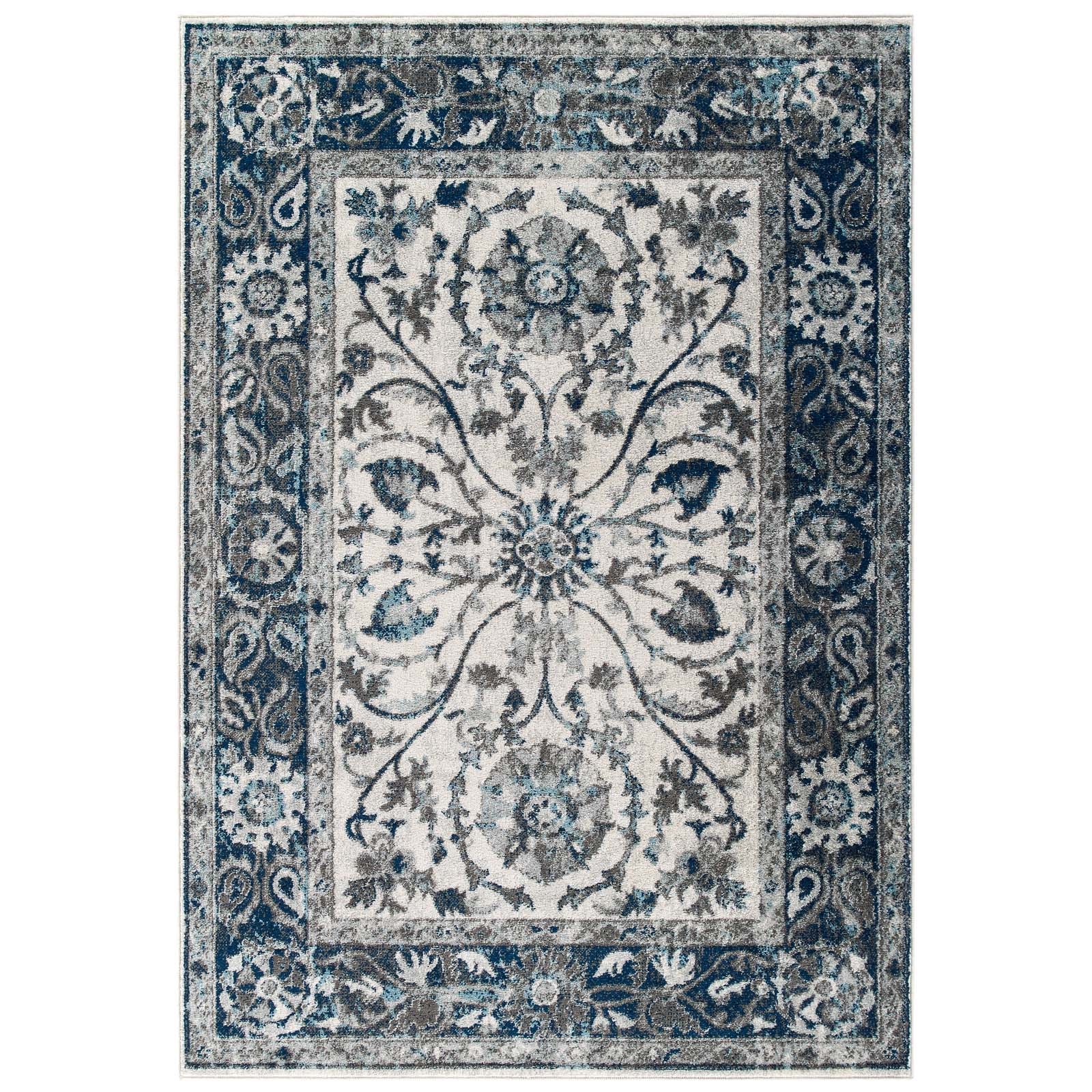 Modway Entourage Samira Distressed Vintage Floral Persian Medallion 8x10 Area Rug Ivory and Blue | Rugs | 
