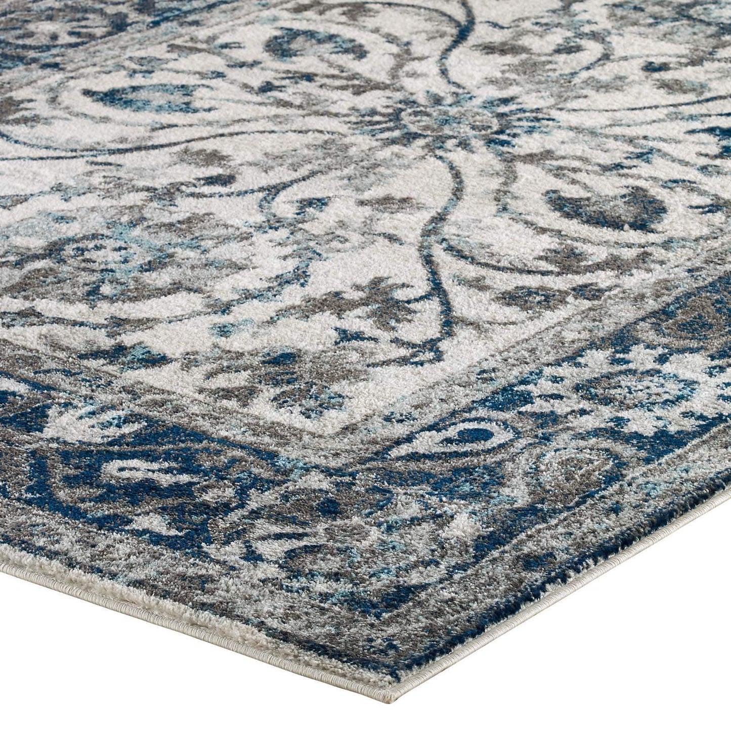Modway Entourage Samira Distressed Vintage Floral Persian Medallion 8x10 Area Rug Ivory and Blue | Rugs | 
