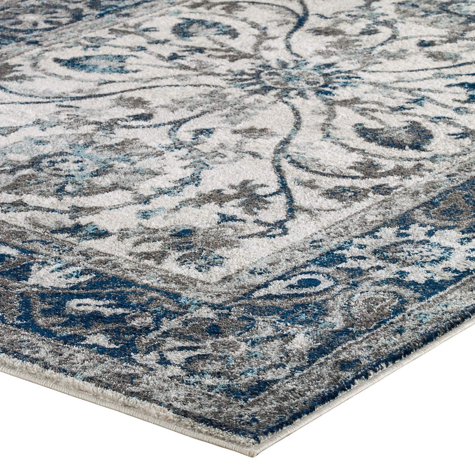 Modway Entourage Samira Distressed Vintage Floral Persian Medallion 8x10 Area Rug Ivory and Blue | Rugs | 
