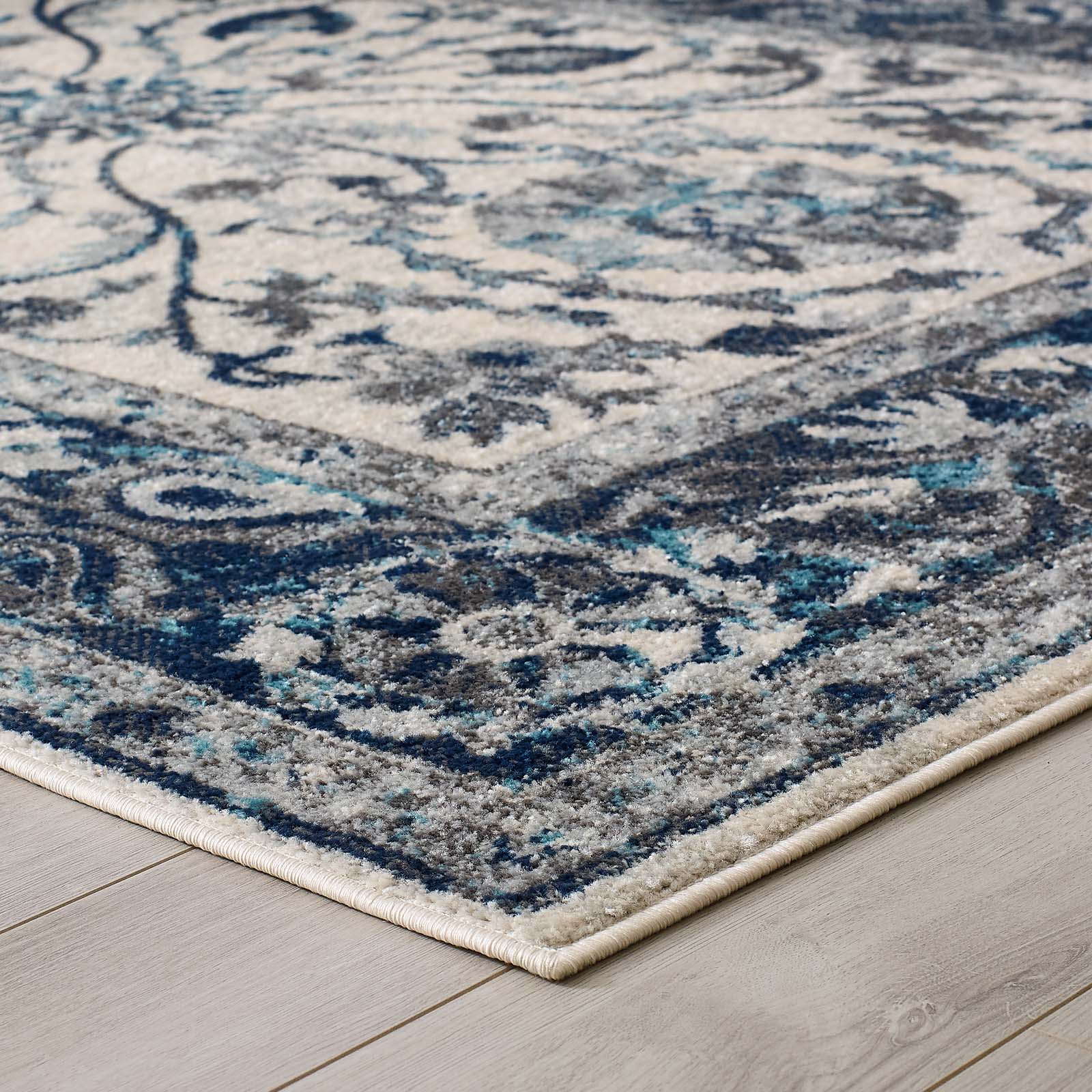 Modway Entourage Samira Distressed Vintage Floral Persian Medallion 8x10 Area Rug Ivory and Blue | Rugs | 