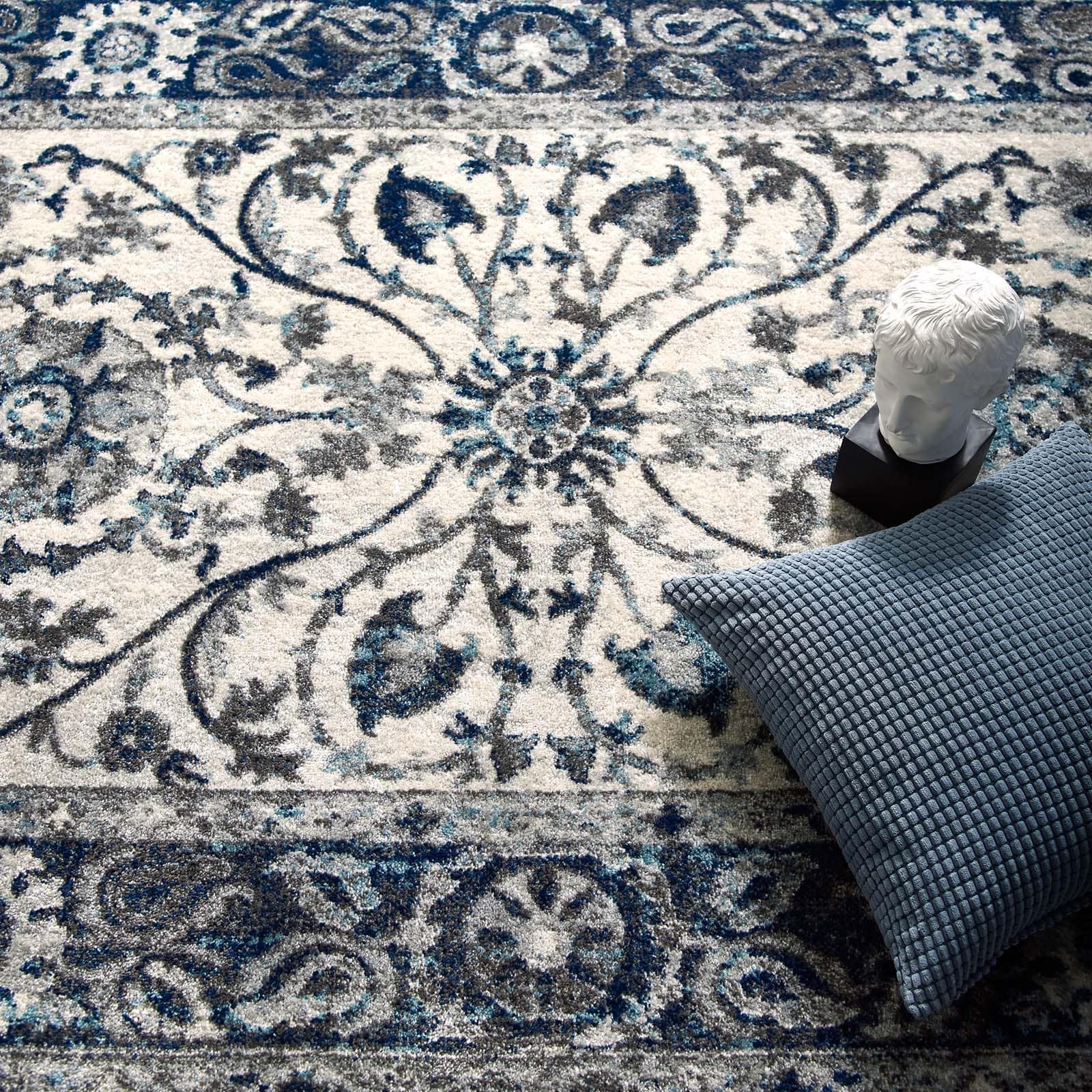 Modway Entourage Samira Distressed Vintage Floral Persian Medallion 8x10 Area Rug Ivory and Blue | Rugs | 