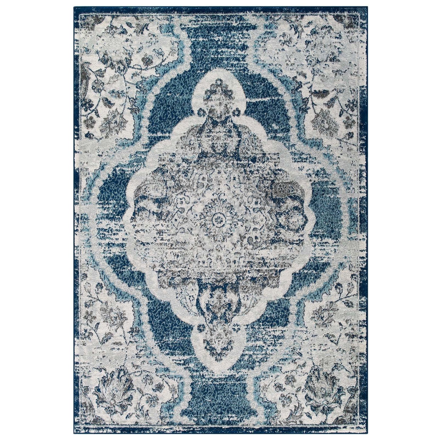 Modway Entourage Malia Distressed Vintage Floral Persian Medallion 5x8 Area Rug Ivory and Blue