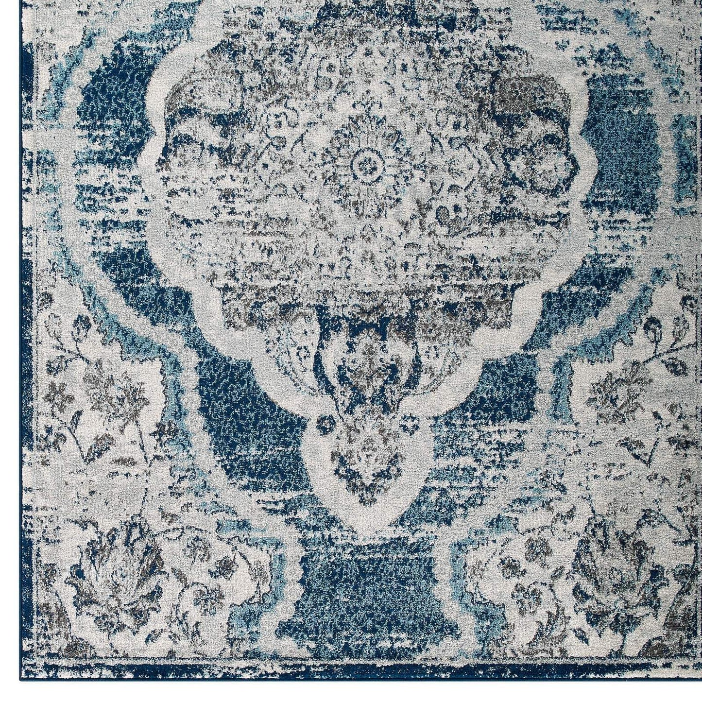 Modway Entourage Malia Distressed Vintage Floral Persian Medallion 5x8 Area Rug Ivory and Blue