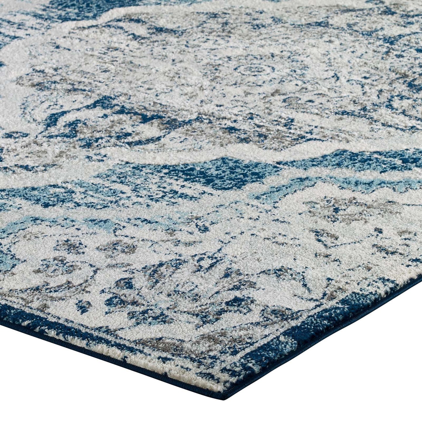 Modway Entourage Malia Distressed Vintage Floral Persian Medallion 5x8 Area Rug Ivory and Blue