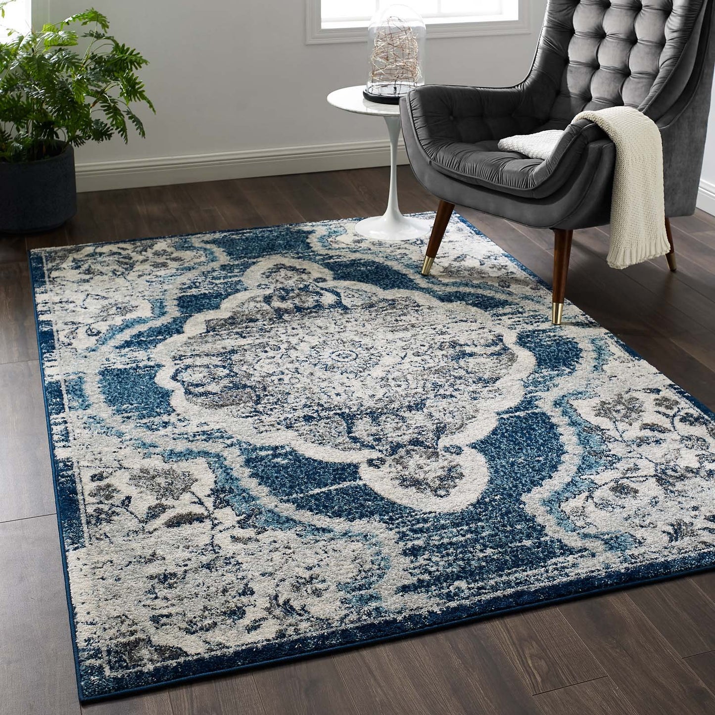 Modway Entourage Malia Distressed Vintage Floral Persian Medallion 5x8 Area Rug Ivory and Blue