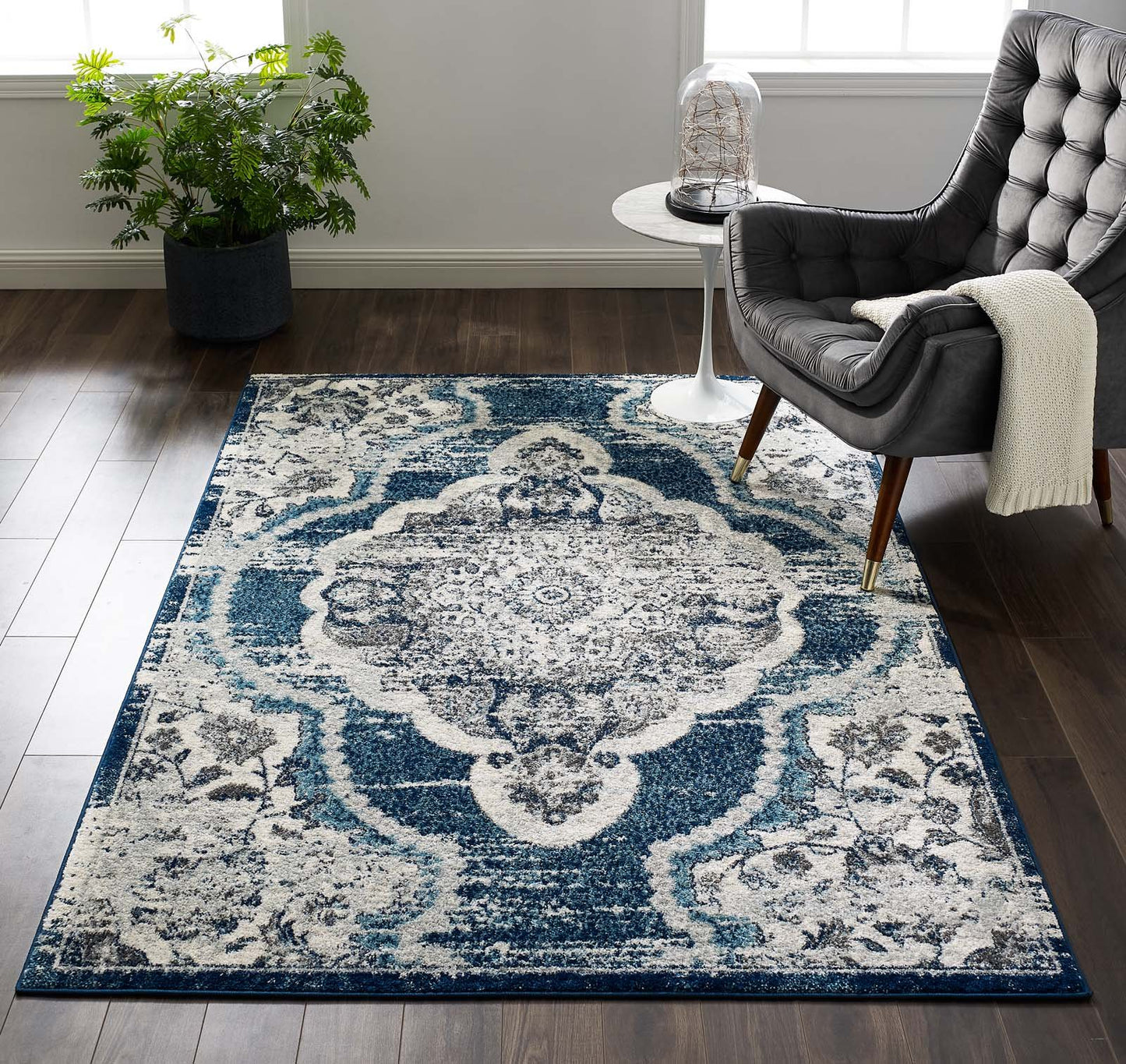 Modway Entourage Malia Distressed Vintage Floral Persian Medallion 5x8 Area Rug Ivory and Blue