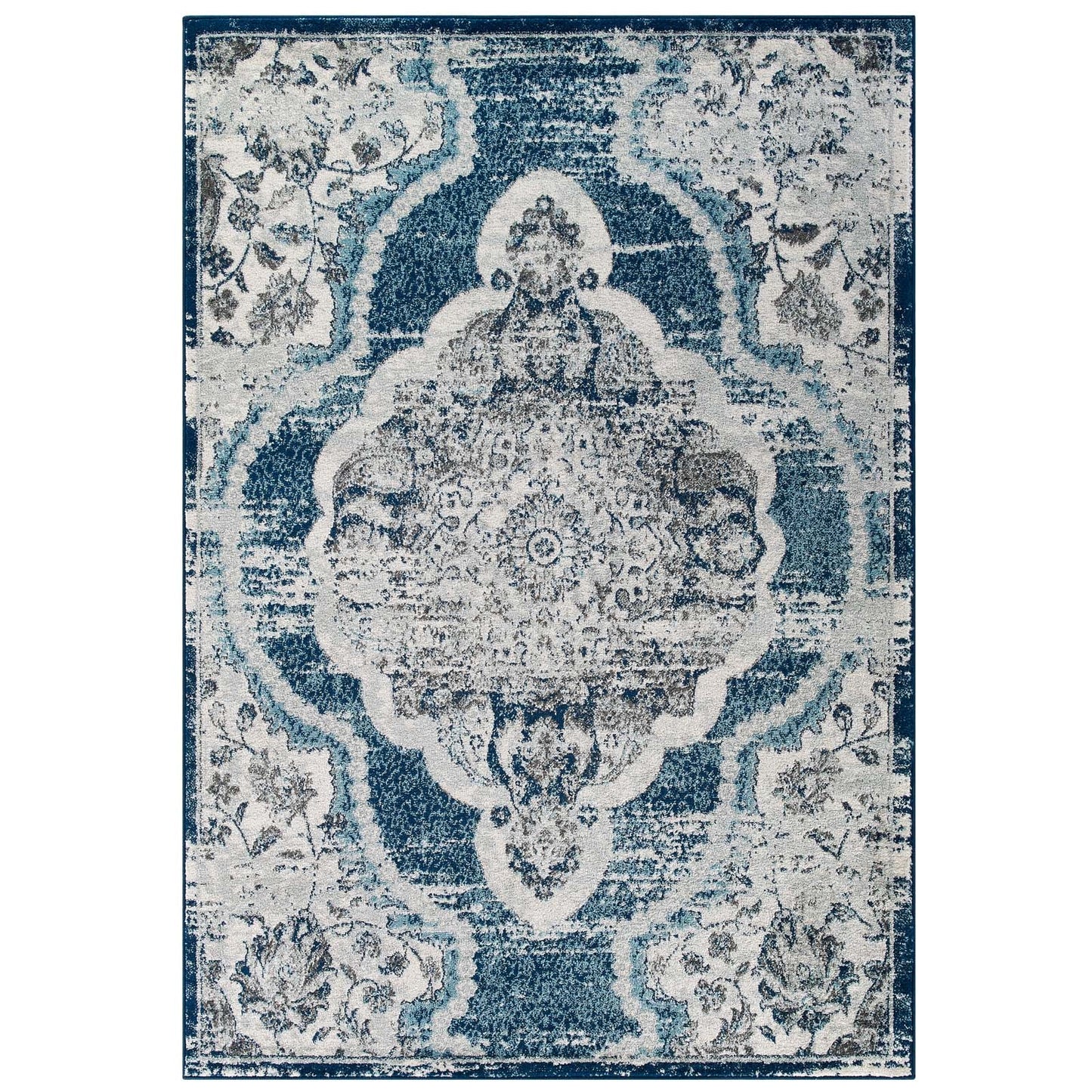 Modway Entourage Malia Distressed Vintage Floral Persian Medallion 8x10 Area Rug Ivory and Blue | Rugs | 
