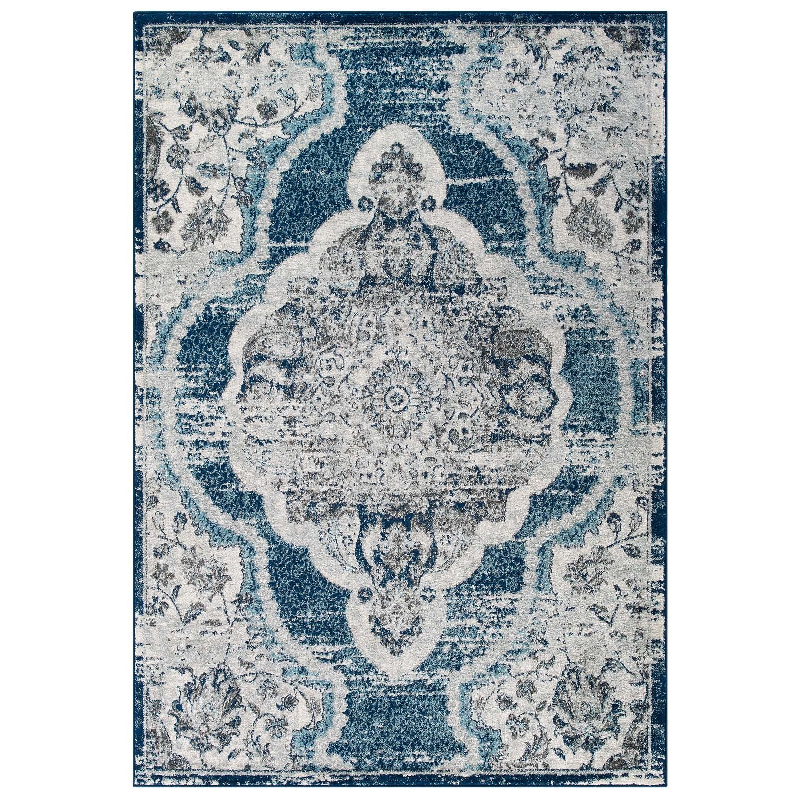 Modway Entourage Malia Distressed Vintage Floral Persian Medallion 8x10 Area Rug Ivory and Blue | Rugs | 