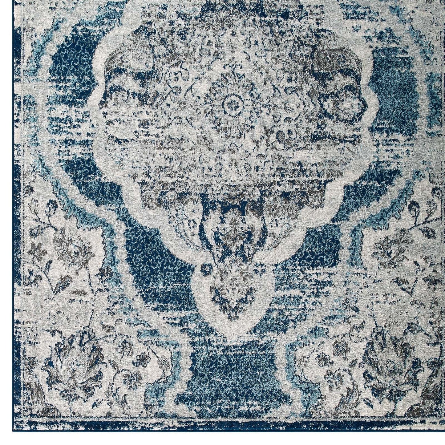 Modway Entourage Malia Distressed Vintage Floral Persian Medallion 8x10 Area Rug Ivory and Blue | Rugs | 