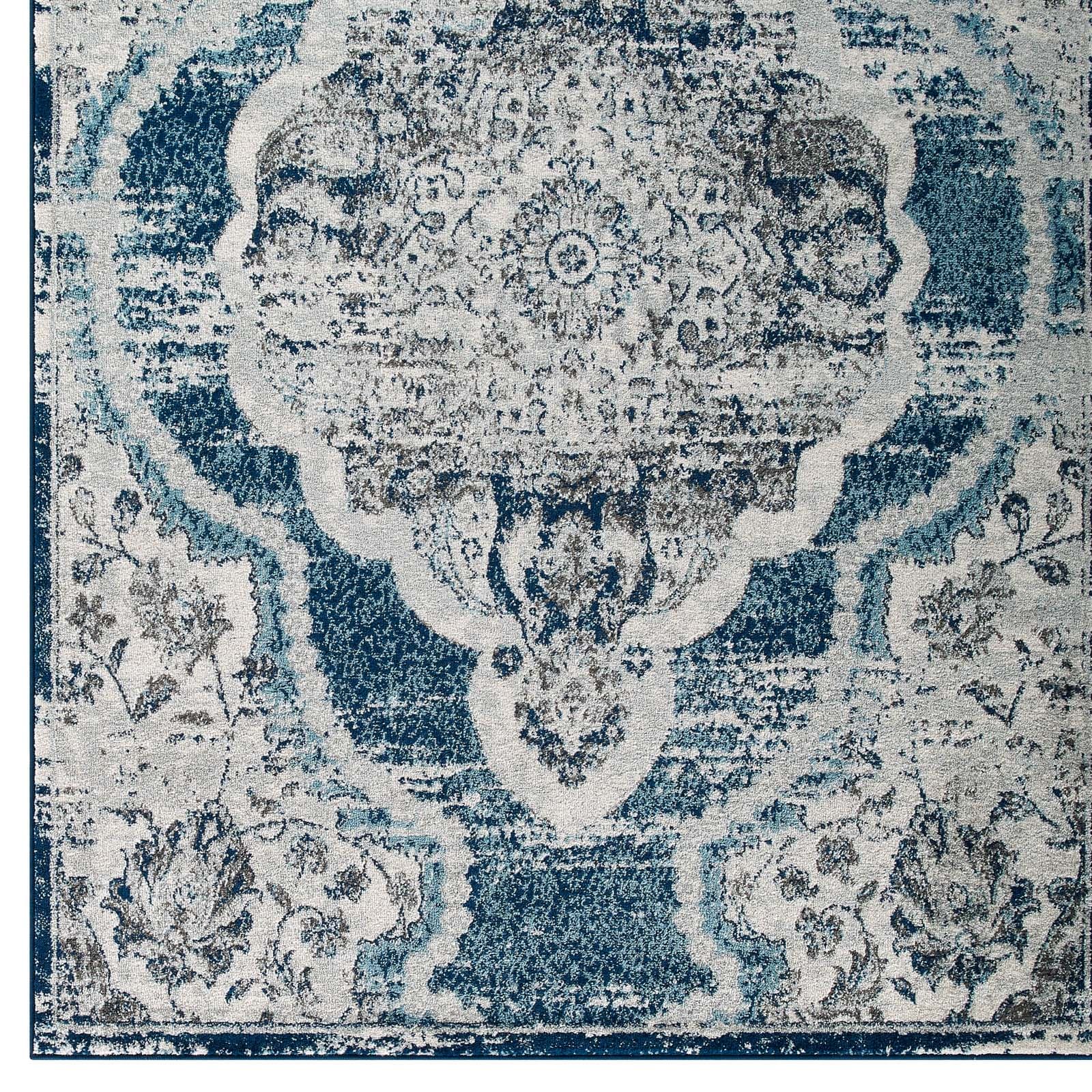 Modway Entourage Malia Distressed Vintage Floral Persian Medallion 8x10 Area Rug Ivory and Blue | Rugs | 