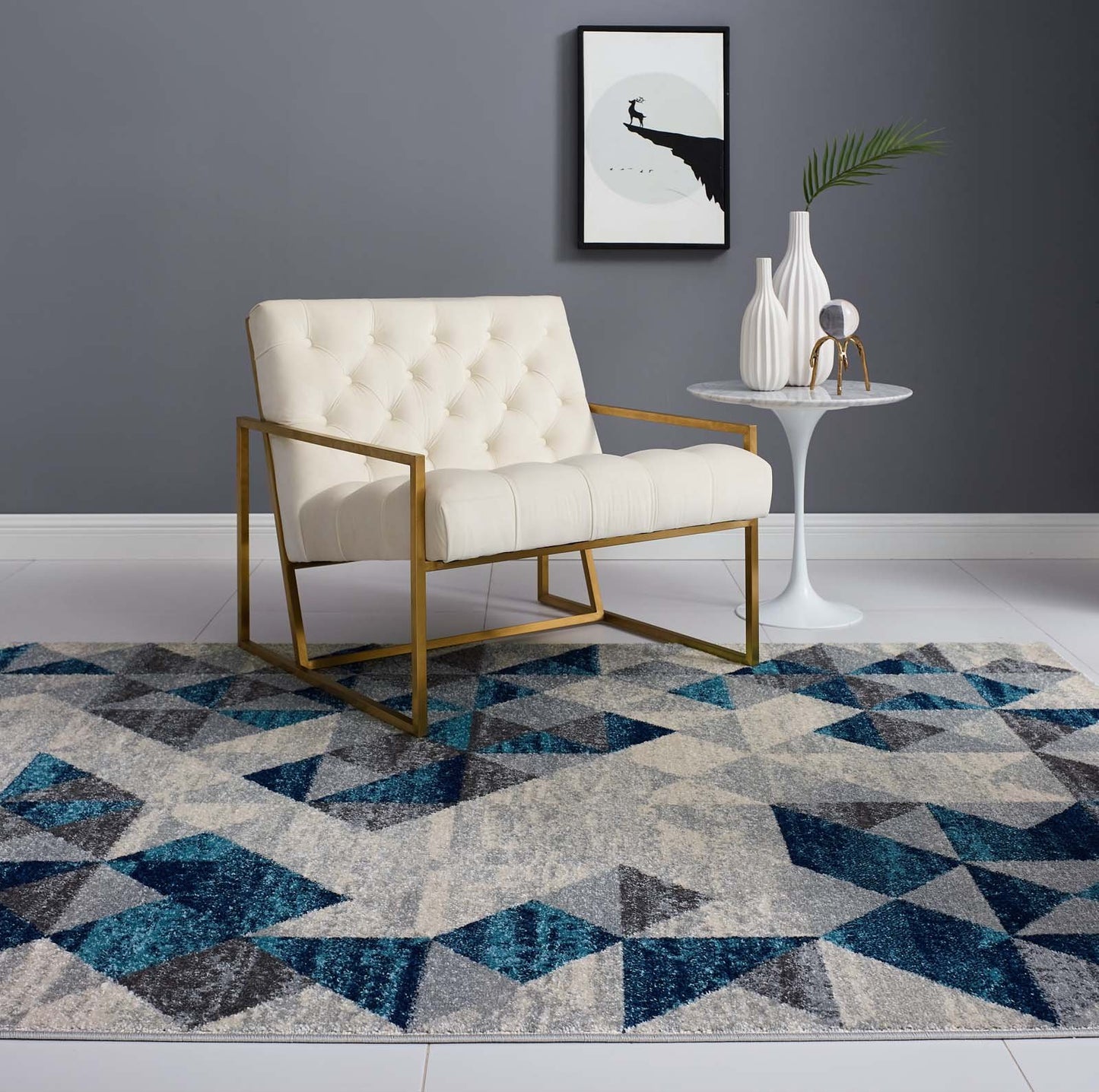 Modway Entourage Elettra Distressed Geometric Triangle Mosaic 5x8 Area Rug Gray and Blue