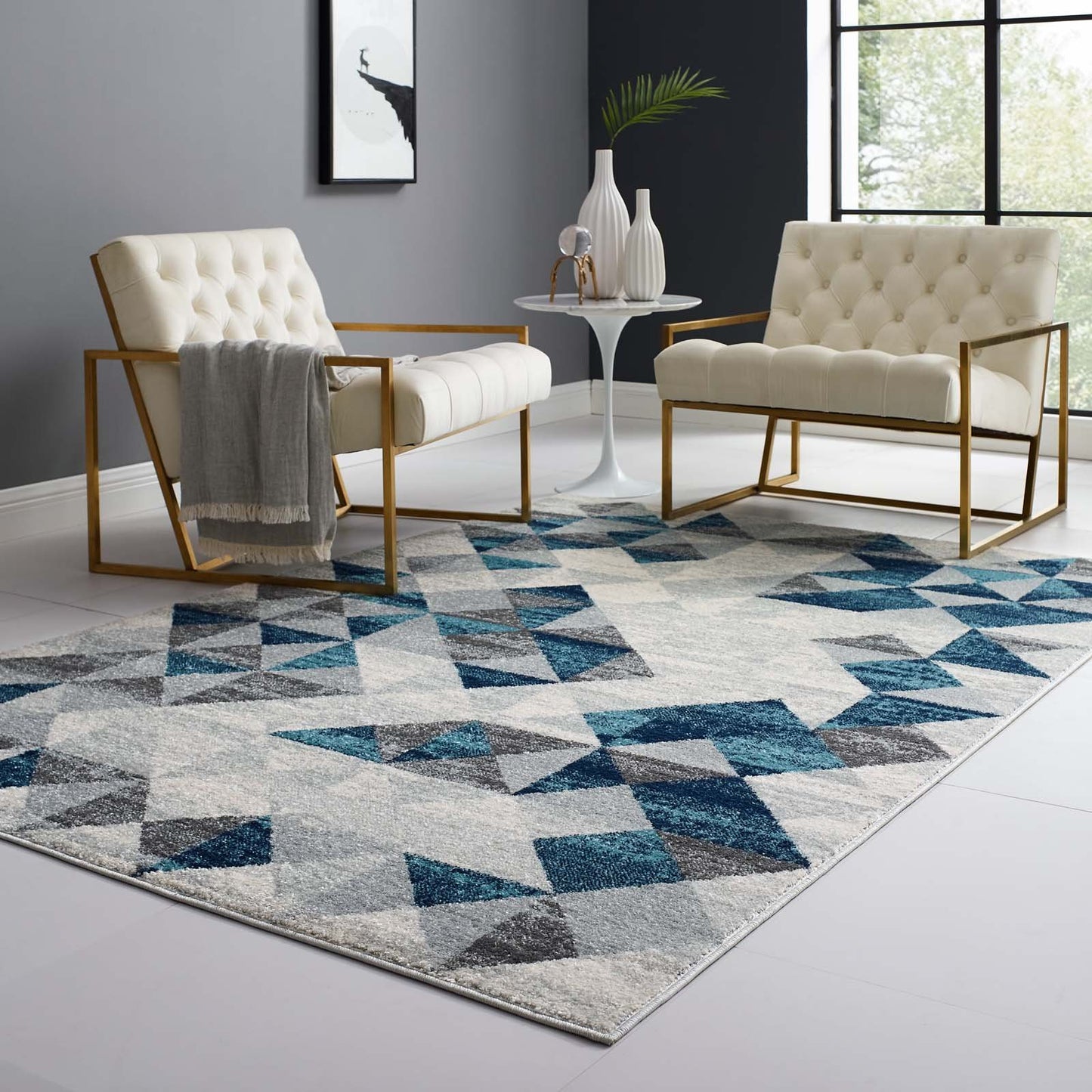 Modway Entourage Elettra Distressed Geometric Triangle Mosaic 8x10 Area Rug Gray and Blue