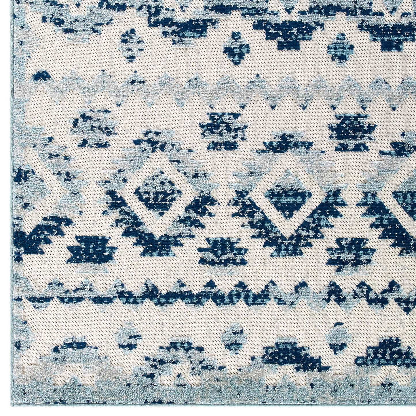 Modway Reflect Takara Distressed Contemporary Abstract Diamond Moroccan Trellis 5x8 Indoor and Outdoor Area Rug Ivory and Blue