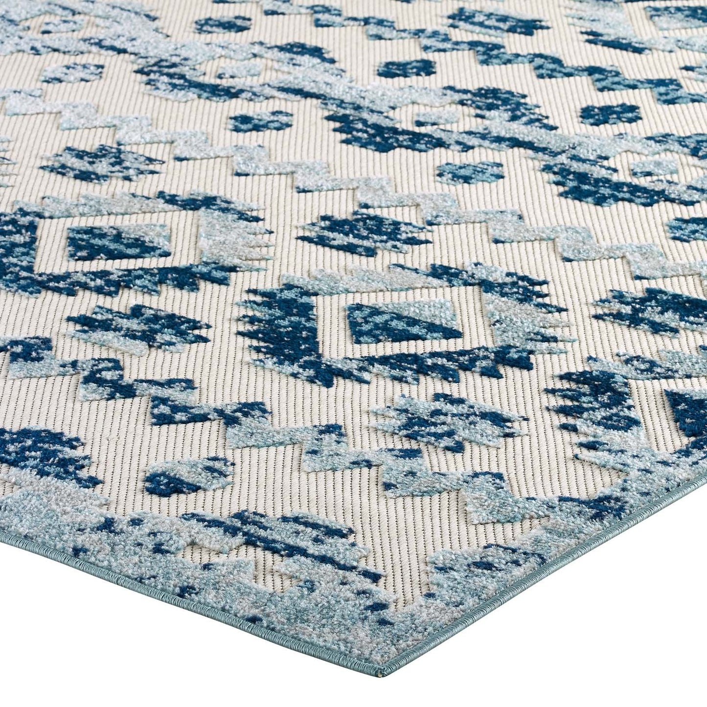 Modway Reflect Takara Distressed Contemporary Abstract Diamond Moroccan Trellis 5x8 Indoor and Outdoor Area Rug Ivory and Blue