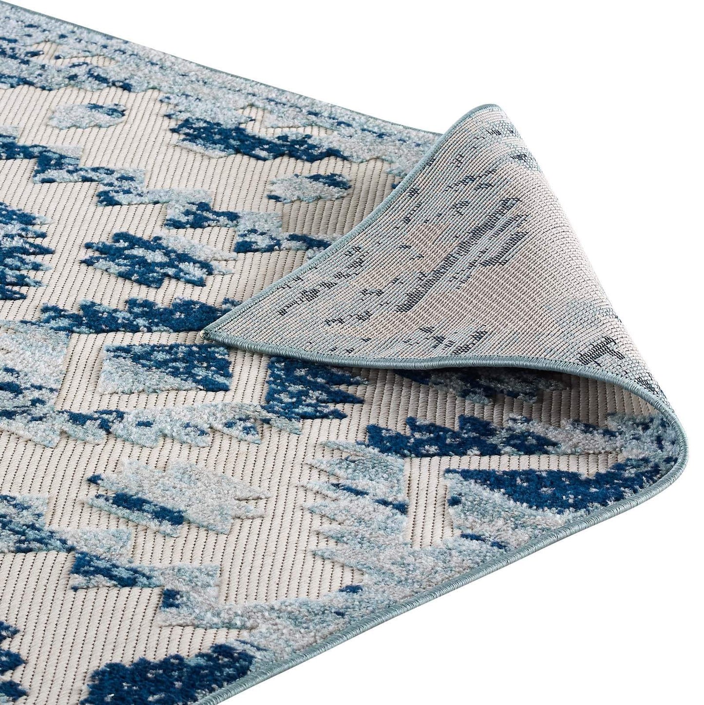 Modway Reflect Takara Distressed Contemporary Abstract Diamond Moroccan Trellis 5x8 Indoor and Outdoor Area Rug Ivory and Blue
