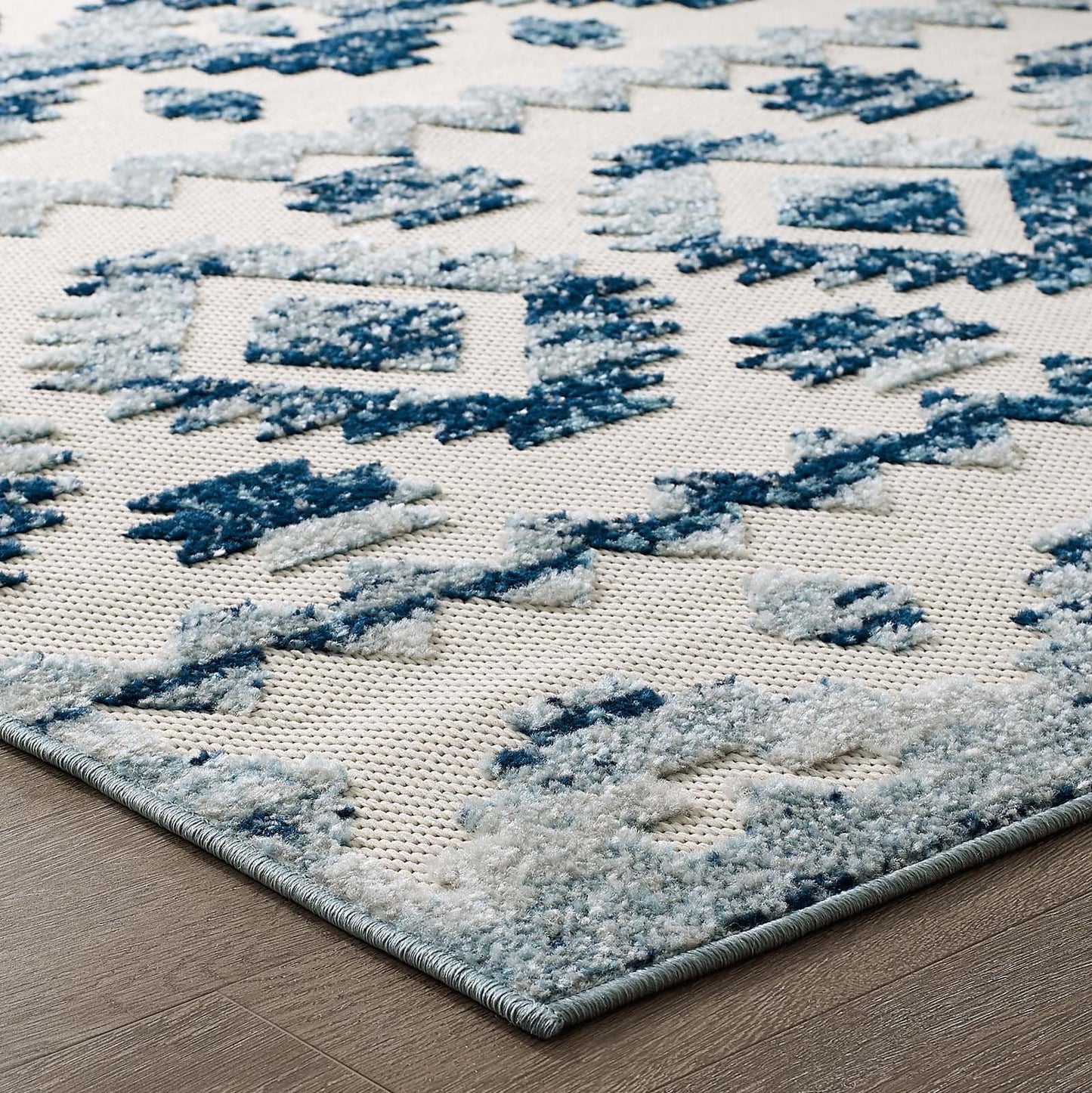 Modway Reflect Takara Distressed Contemporary Abstract Diamond Moroccan Trellis 5x8 Indoor and Outdoor Area Rug Ivory and Blue