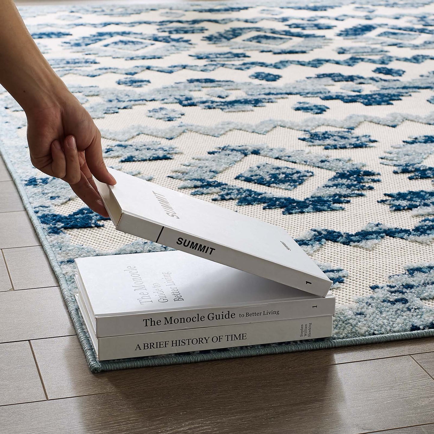 Modway Reflect Takara Distressed Contemporary Abstract Diamond Moroccan Trellis 5x8 Indoor and Outdoor Area Rug Ivory and Blue