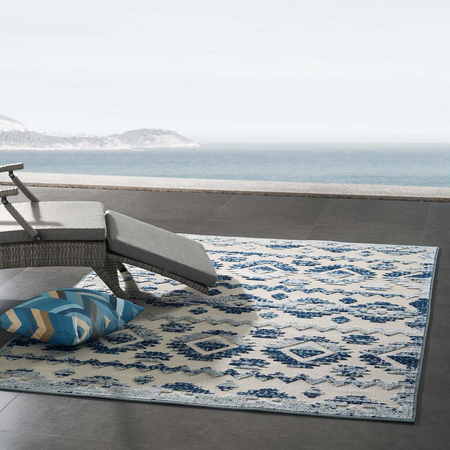 Modway Reflect Takara Distressed Contemporary Abstract Diamond Moroccan Trellis 5x8 Indoor and Outdoor Area Rug Ivory and Blue