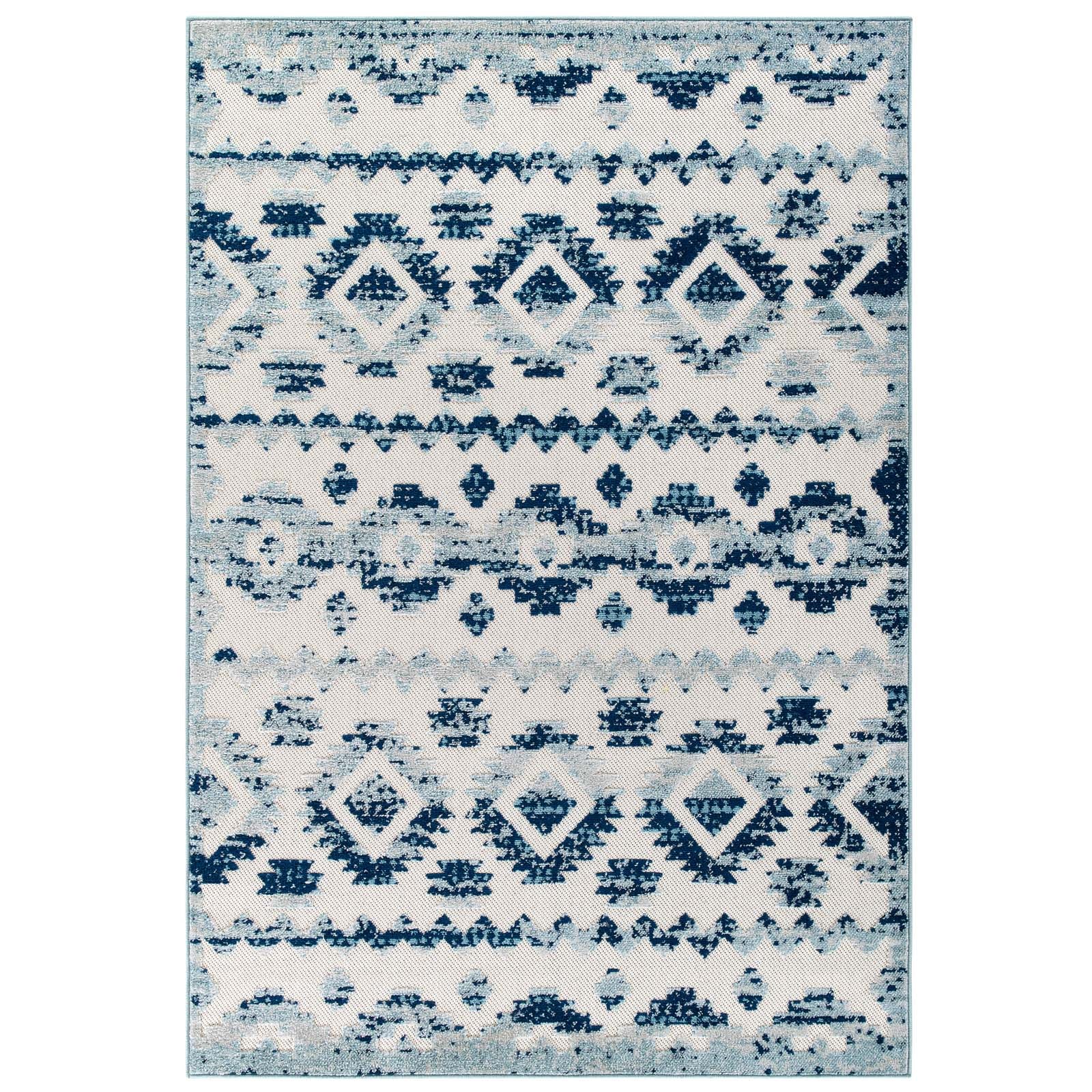 Modway Reflect Takara Distressed Contemporary Abstract Diamond Moroccan Trellis 8x10 Indoor and Outdoor Area Rug Ivory and Blue | Rugs | Modishstore-2