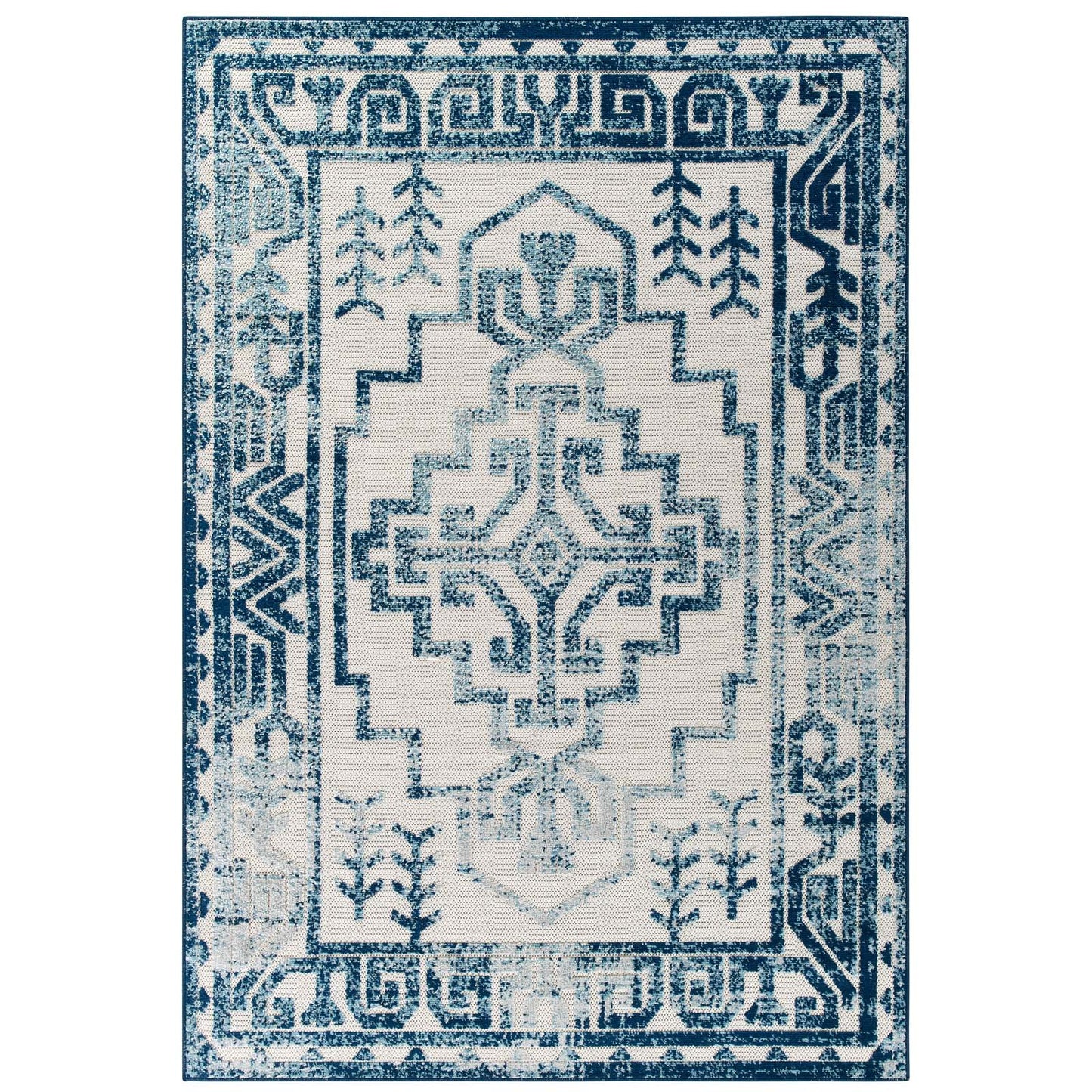 Modway Reflect Nyssa Distressed Geometric Southwestern Aztec 5x8 Indoor and Outdoor Area Rug Ivory and Blue