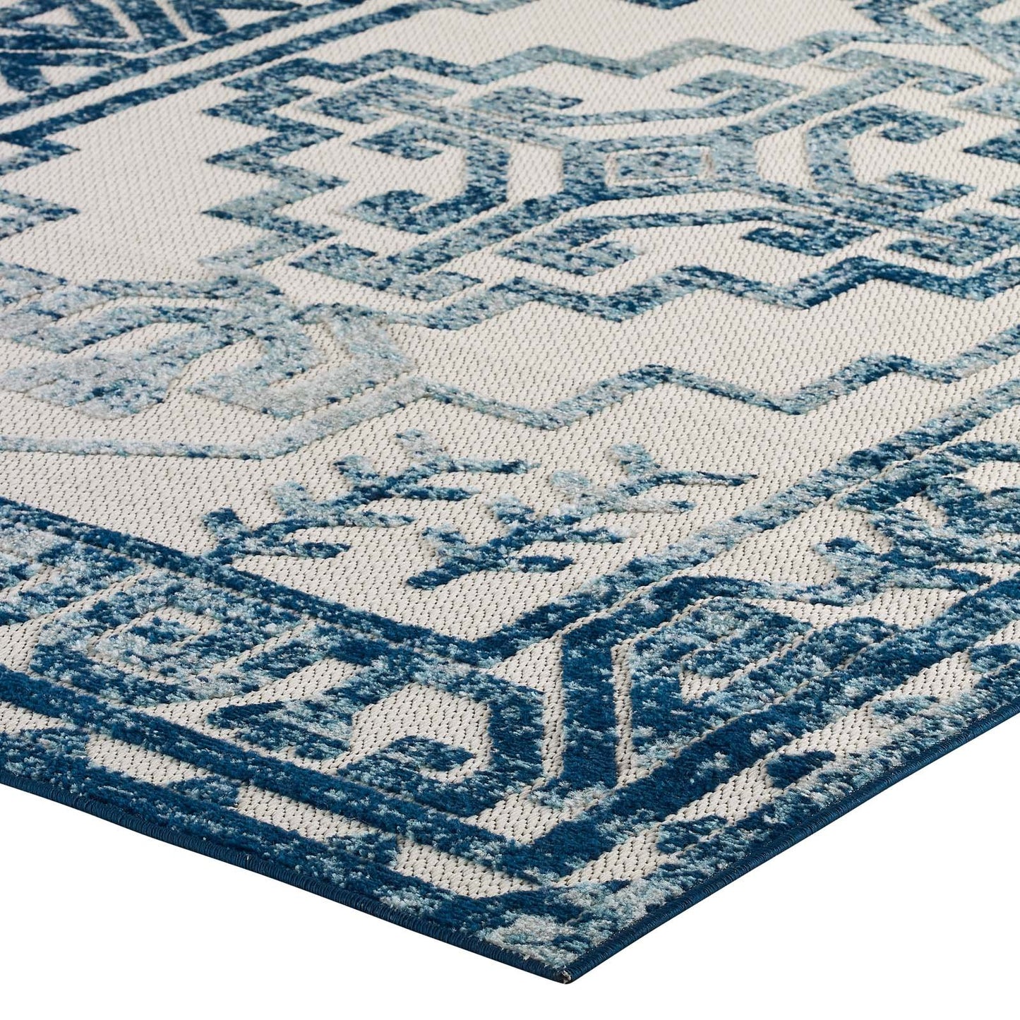 Modway Reflect Nyssa Distressed Geometric Southwestern Aztec 5x8 Indoor and Outdoor Area Rug Ivory and Blue