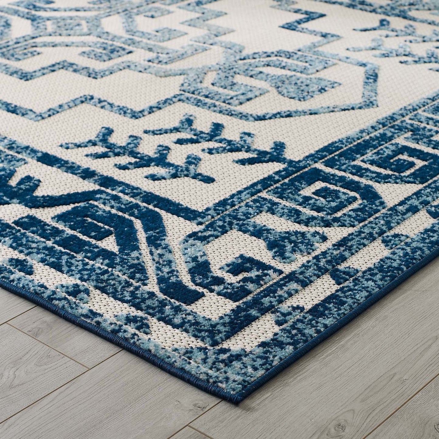 Modway Reflect Nyssa Distressed Geometric Southwestern Aztec 5x8 Indoor and Outdoor Area Rug Ivory and Blue