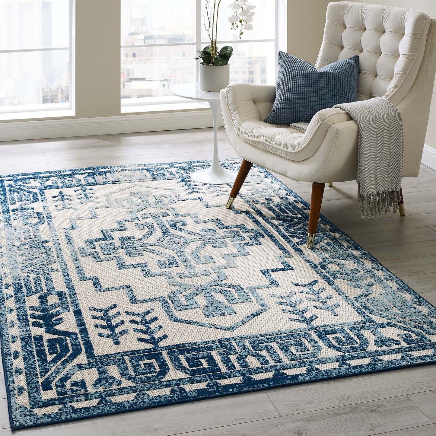 Modway Reflect Nyssa Distressed Geometric Southwestern Aztec 5x8 Indoor and Outdoor Area Rug Ivory and Blue