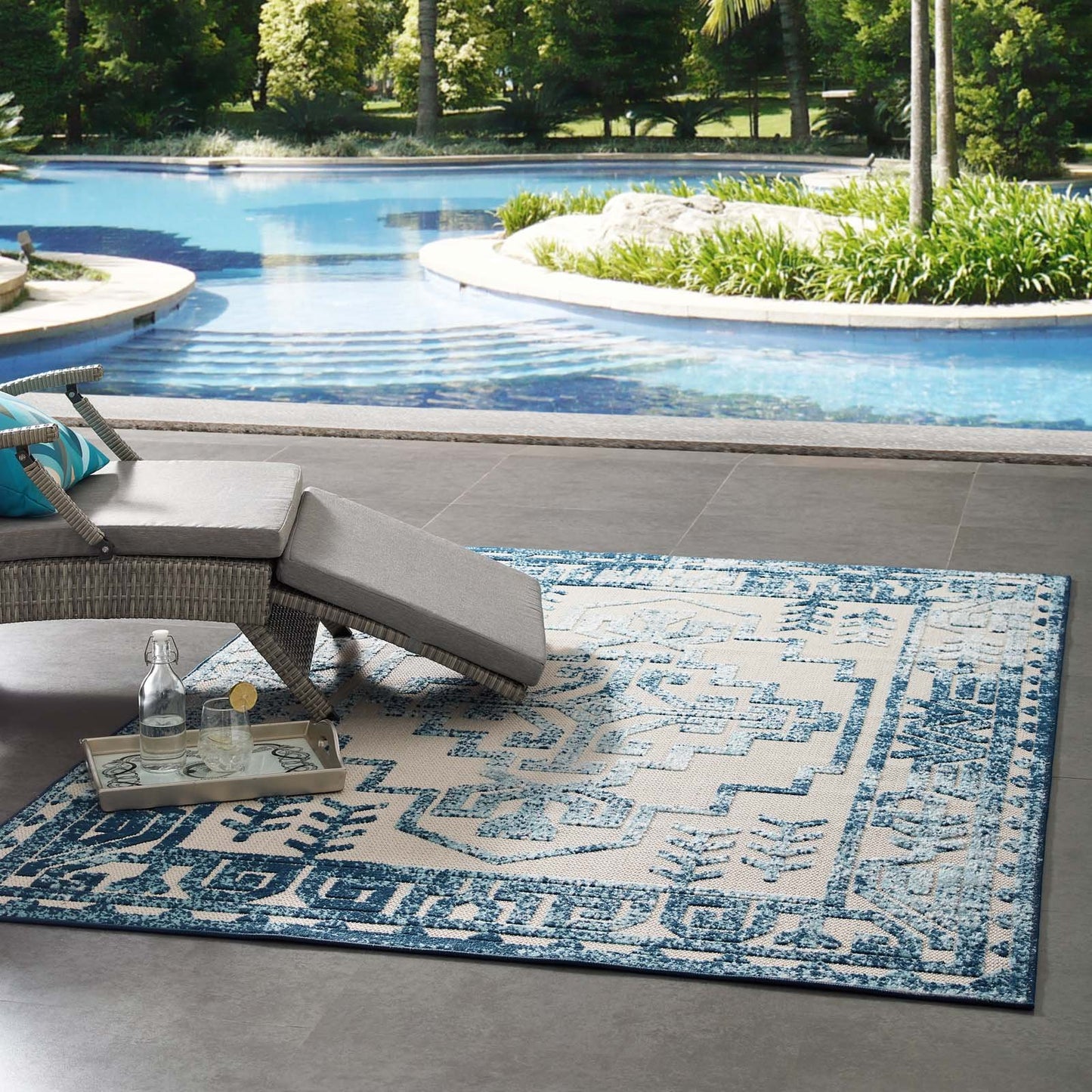 Modway Reflect Nyssa Distressed Geometric Southwestern Aztec 5x8 Indoor and Outdoor Area Rug Ivory and Blue