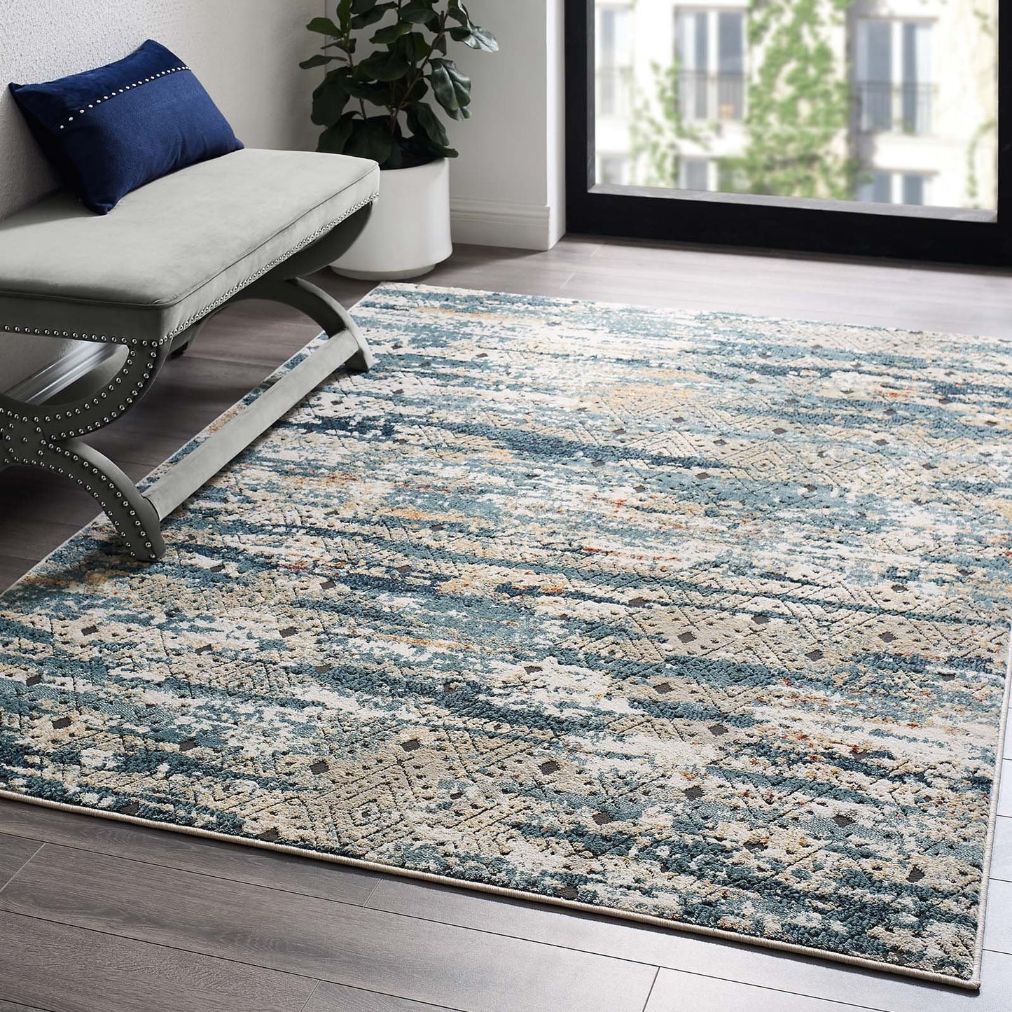 Modway Tribute Eisley Rustic Distressed Transitional Diamond Lattice 5x8 Area Rug Multicolored