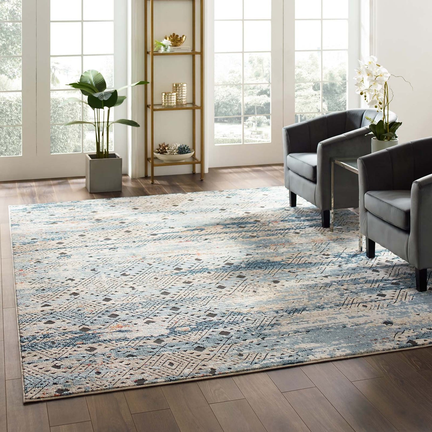 Modway Tribute Eisley Rustic Distressed Transitional Diamond Lattice 8x10 Area Rug Multicolored