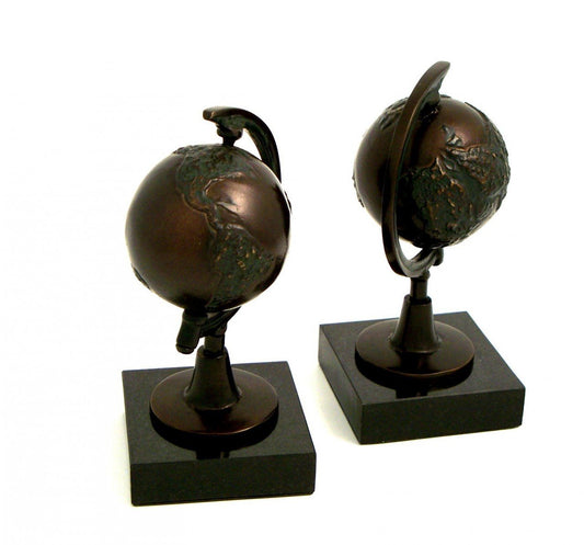 Bey-Berk Bronzed Globe Bookends on Marble Base