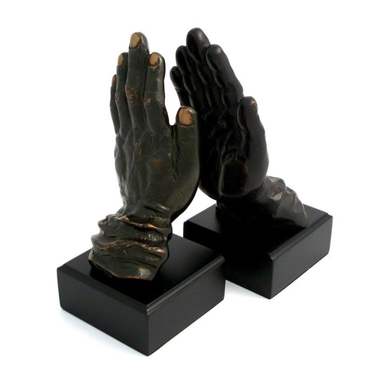 Bey-Berk Bronzed Metal Hands on Wood Bookends