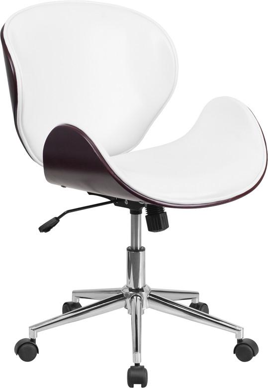 Flash Furniture Mid-Back Mahogany Wood Swivel Conference Chair In White Leather
