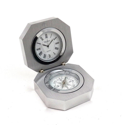 Bey-Berk Stainless Steel Clock and Compass