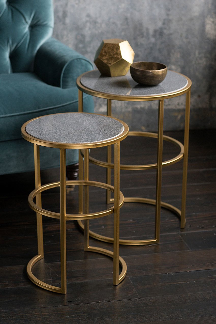 Vagabond Vintage Gold Metal Table Set with Dark Gray Stone Top