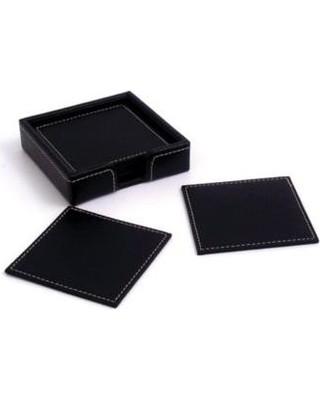 Bey-Berk 6 Piece Coaster Set in Black Leather