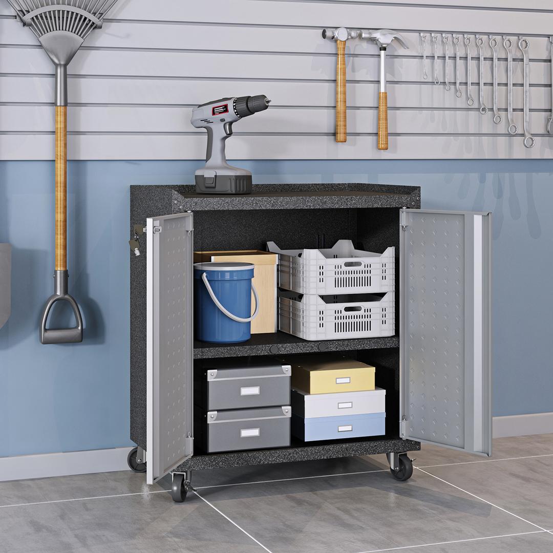 Manhattan Comfort Fortress Textured Metal 31.5" Garage Mobile Cabinet with 2 Adjustable Shelves In Grey