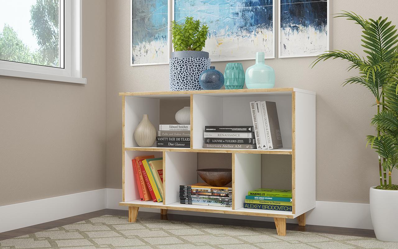 Manhattan Comfort Minetta 5-Shelf Mid Century Low Bookcase