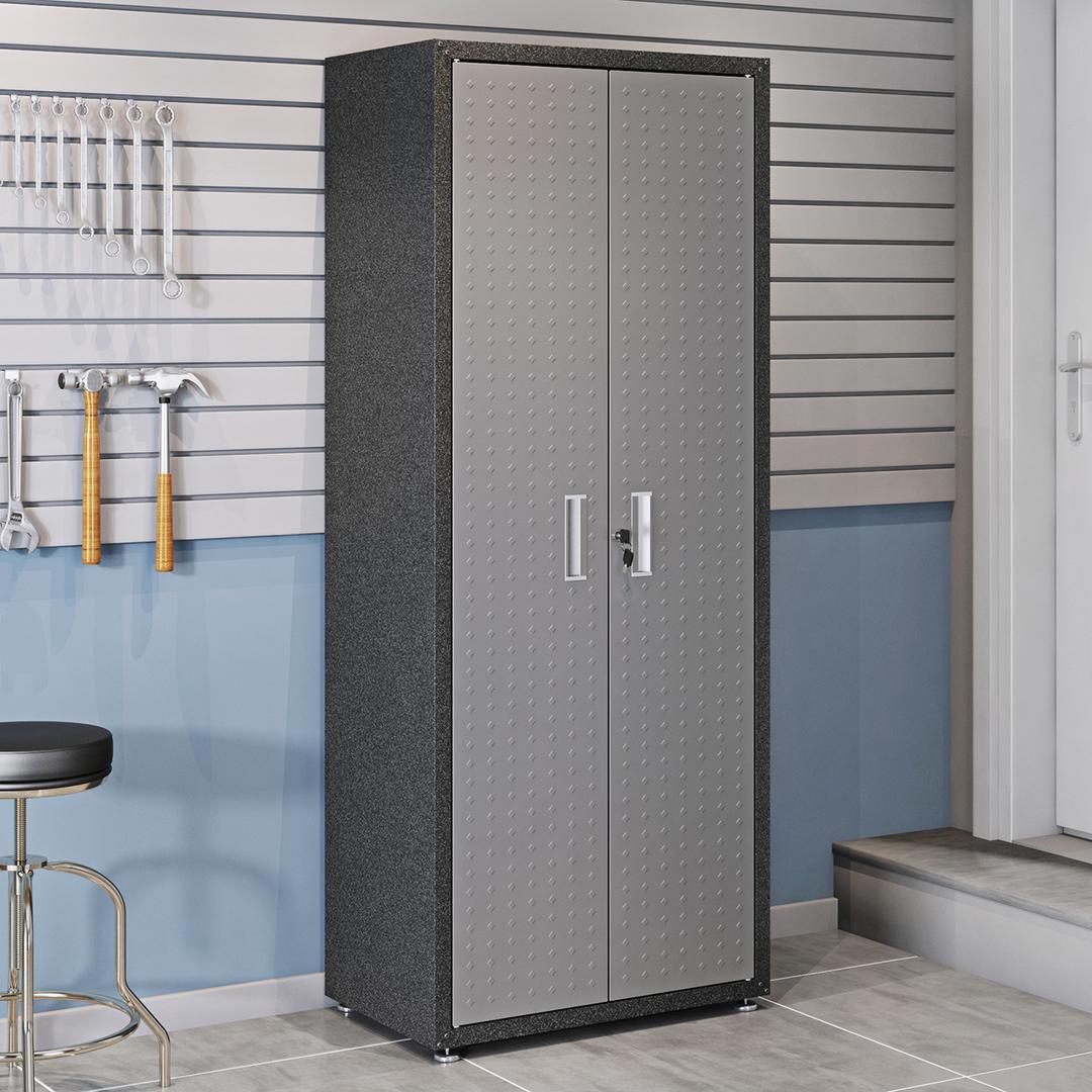 Manhattan Comfort Fortress Textured Metal 75.4" Garage Cabinet with 4 Adjustable Shelves In Grey